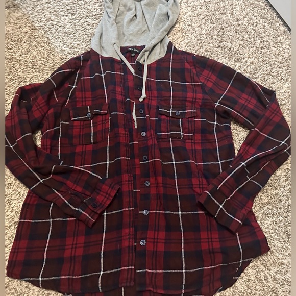 New Look Women's Hooded Plaid Flannel Shirt - Red & Black - Size Large - Picture 3 of 7
